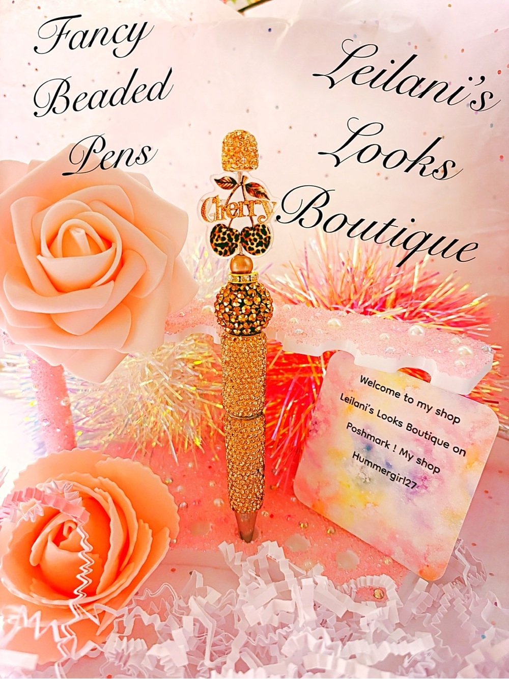 Fancy beaded pen/gifts/leopard print jumbo bow/gold beads/